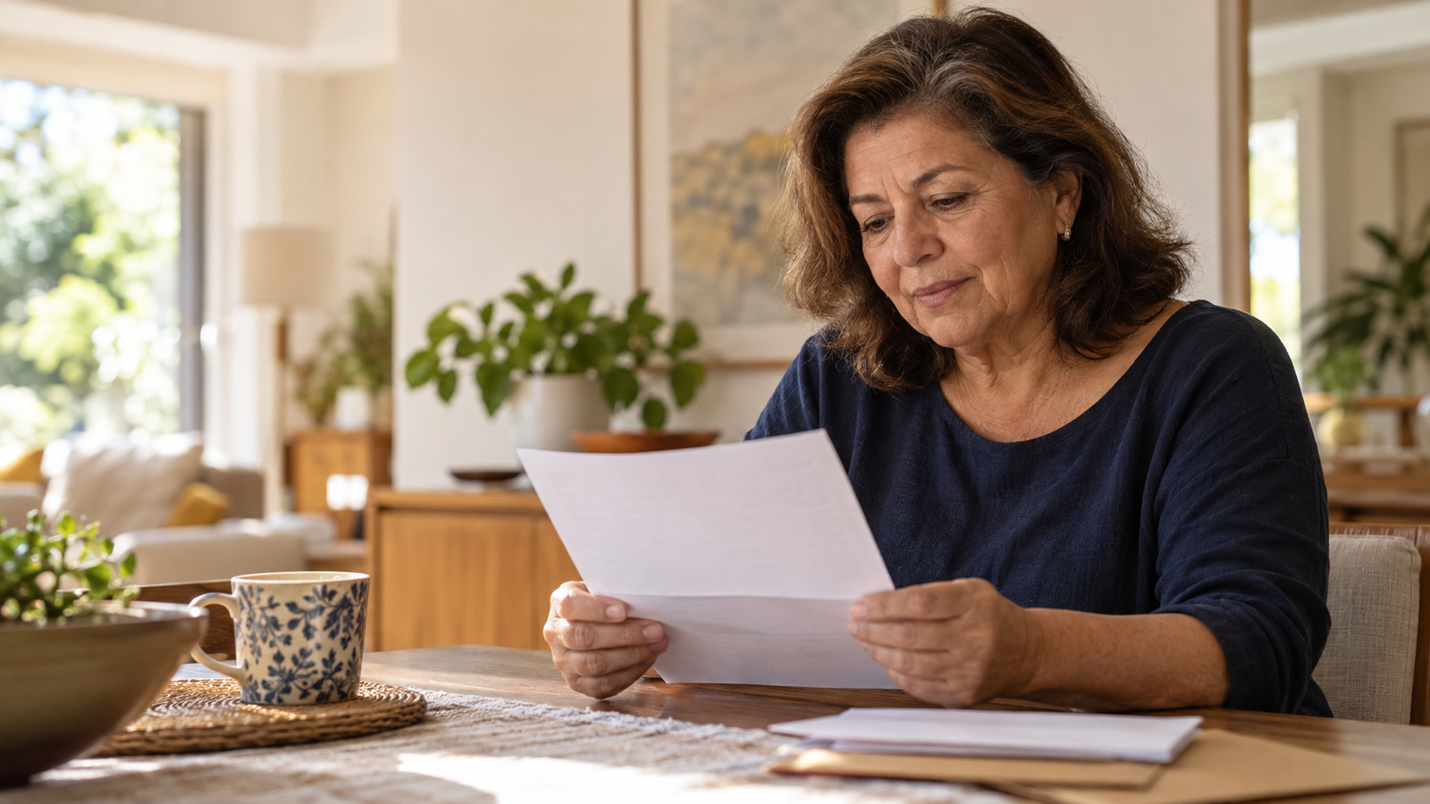 Mulher consulta um documento impresso à mesa.